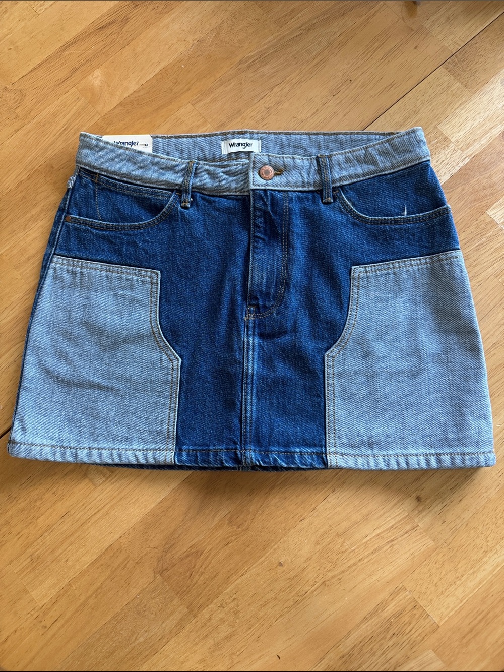 Wrangler Contrast Panel Denim Mini Skirt in Light and Dark Blue